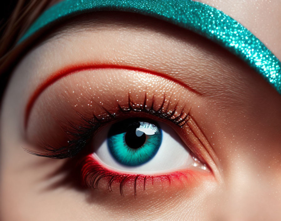 Blue eye with red eyeliner and glittery eyeshadow, long lashes, green headband