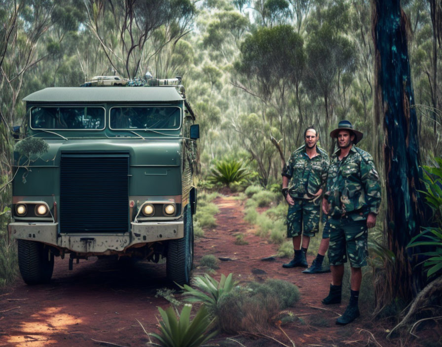 Camouflaged individuals with all-terrain vehicle in forest.