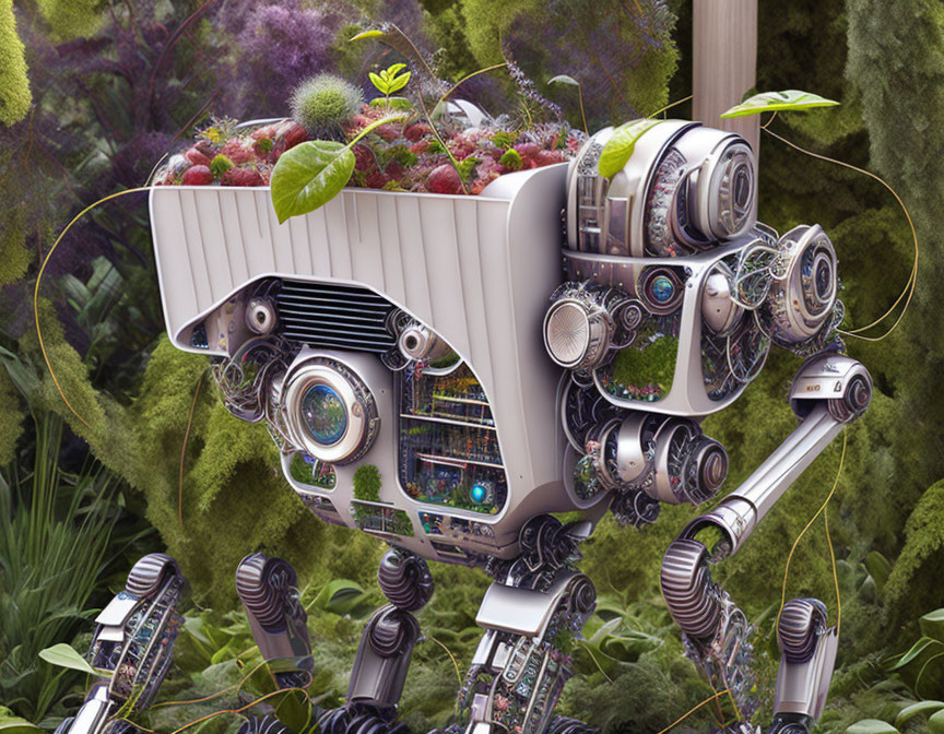 Robotic quadrupedal creature with camera head and berry basket in forest