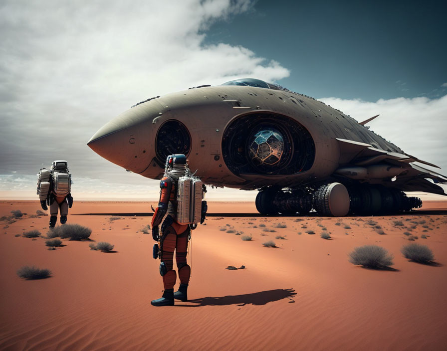 Astronauts in bulky suits near spaceship on alien desert landscape