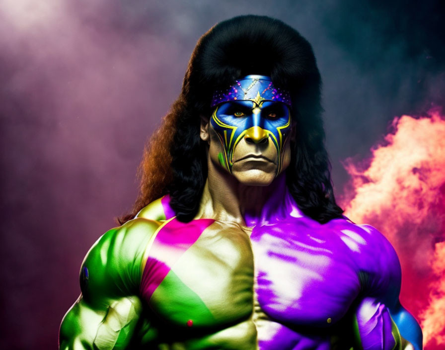 Muscular figure in dramatic purple and gold face paint with black hair on vibrant, smoke-filled backdrop