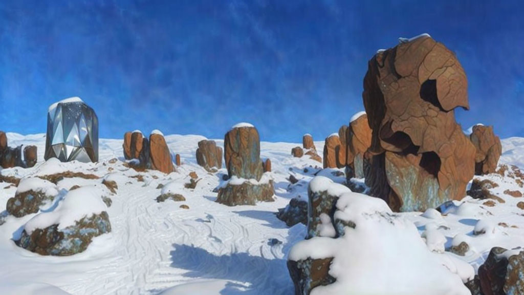 Futuristic capsule among monolithic stones in snowy landscape