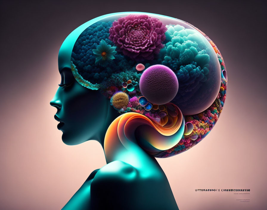 Profile View Digital Artwork: Woman's Head with Colorful Floral Brain