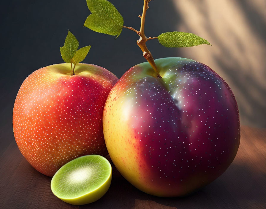 Vibrant apples and sliced lime on wooden surface with sunlight shadows