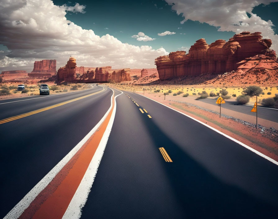 Desert highway with red rock formations and cars under cloudy sky