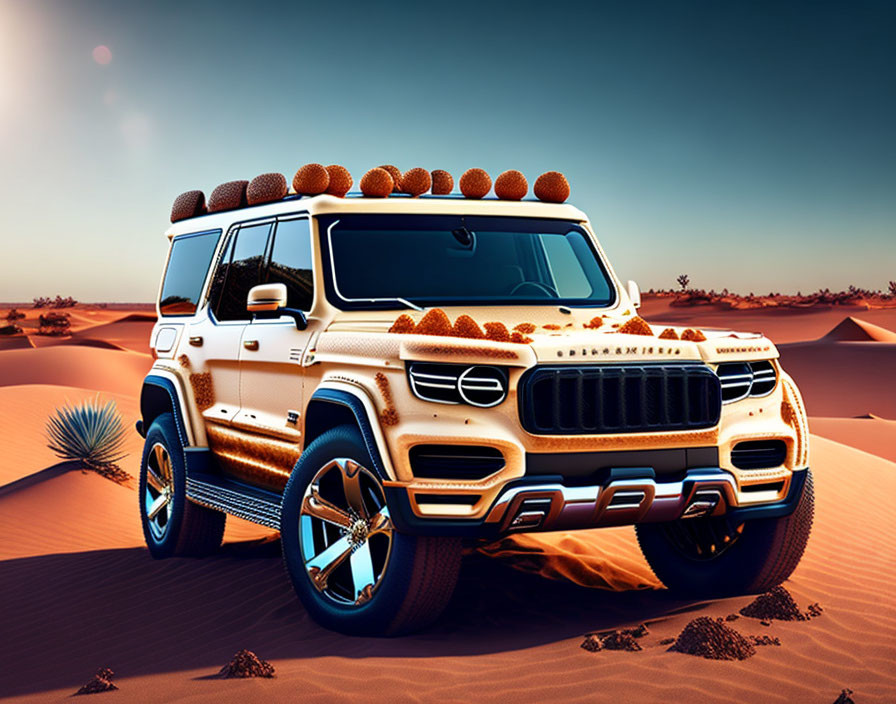 Gold-painted SUV with burger-themed decor parked in desert dune