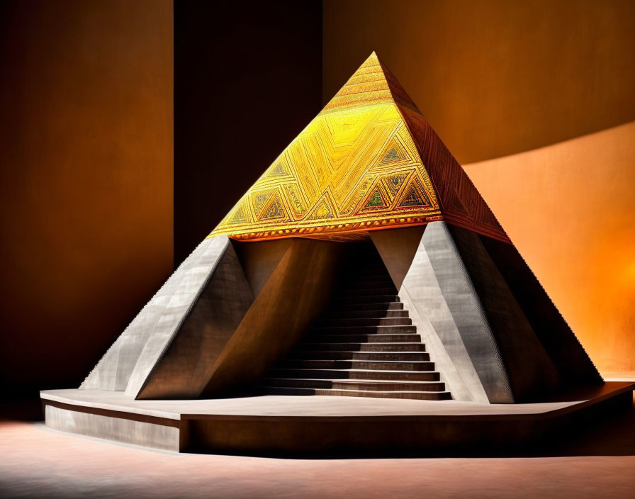 Ornate geometric patterned pyramid in gallery display