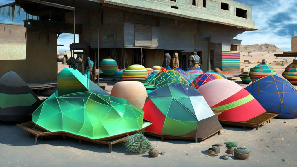 Vibrant geometric domes in desert landscape near clay structure