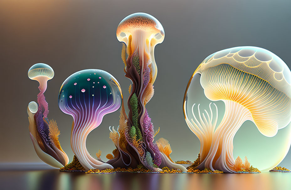 Colorful digital artwork: Stylized luminescent mushrooms on gradient background