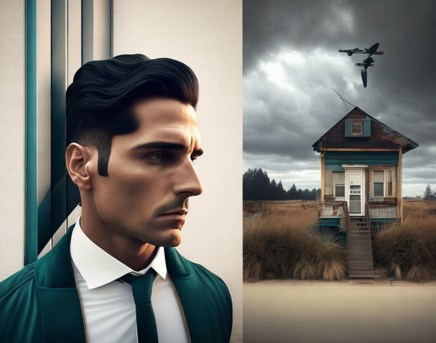 Stylized man with slicked hair and low-flying airplane over isolated house in digital artwork