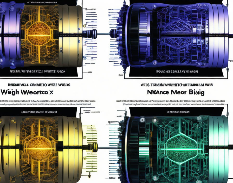 Stylized futuristic engine illustrations with glowing elements and technical annotations.