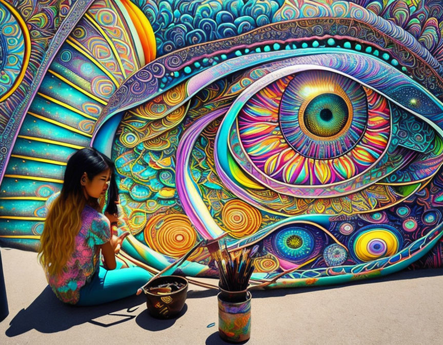 Person creating colorful art next to vibrant eye painting and art supplies