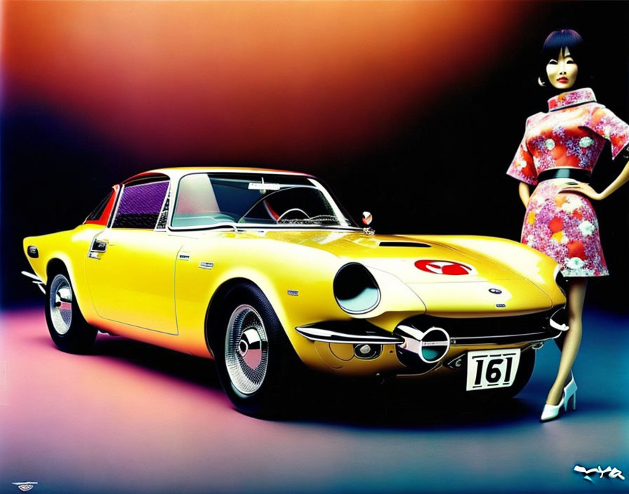 Stylized image of woman in floral kimono with yellow sports car