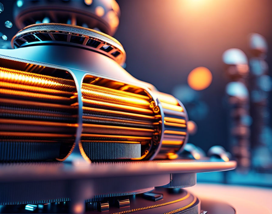 Detailed Close-Up of Futuristic Machinery with Copper Coils and Metal Components