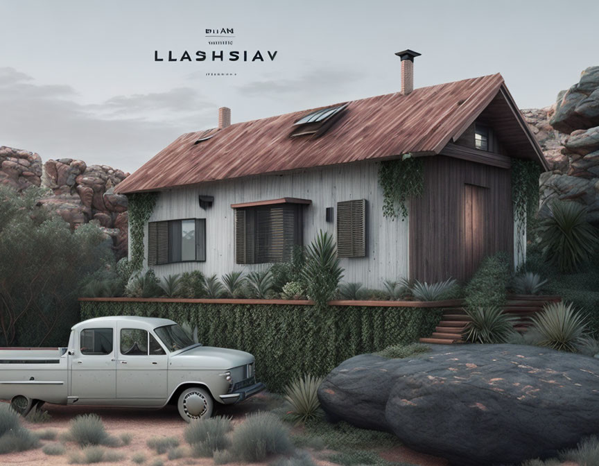 Vintage Car Parked Outside Modern Rustic Cabin in Desert Landscape