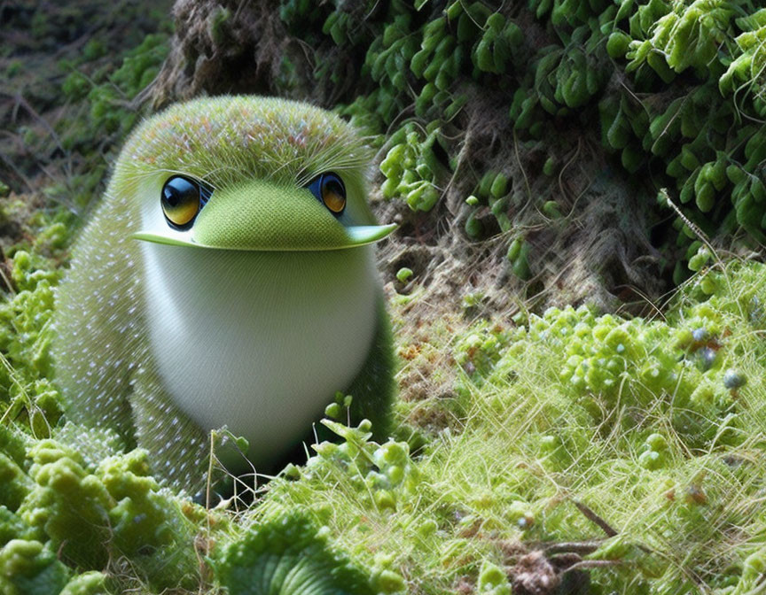 Green round creature with bright eyes in mossy environment