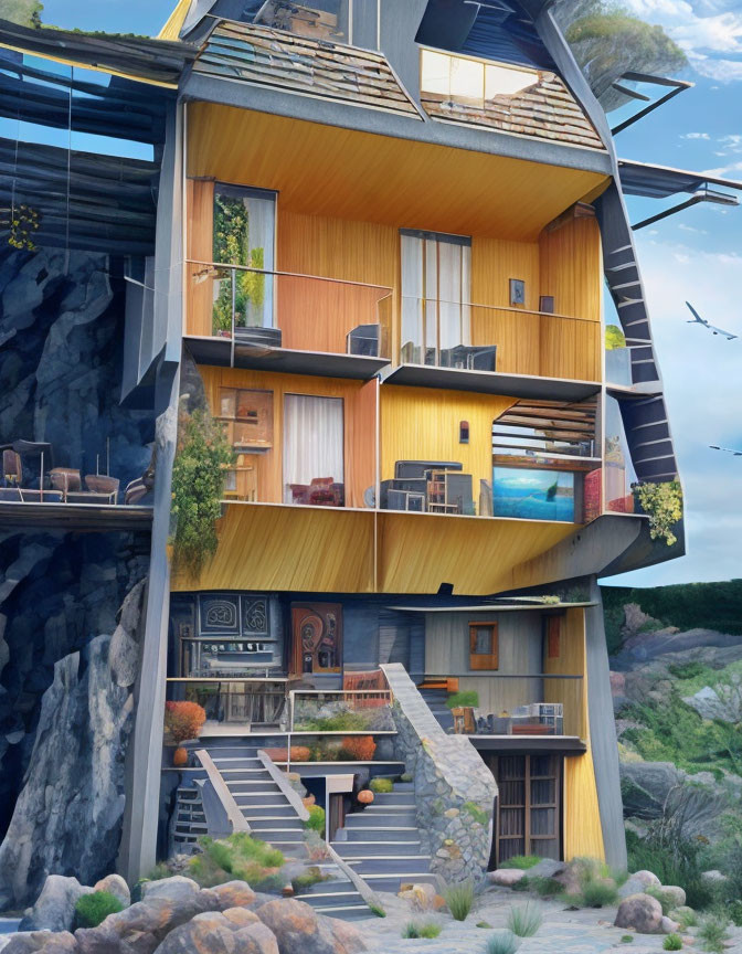 Contemporary Cliffside House with Large Windows and Balconies