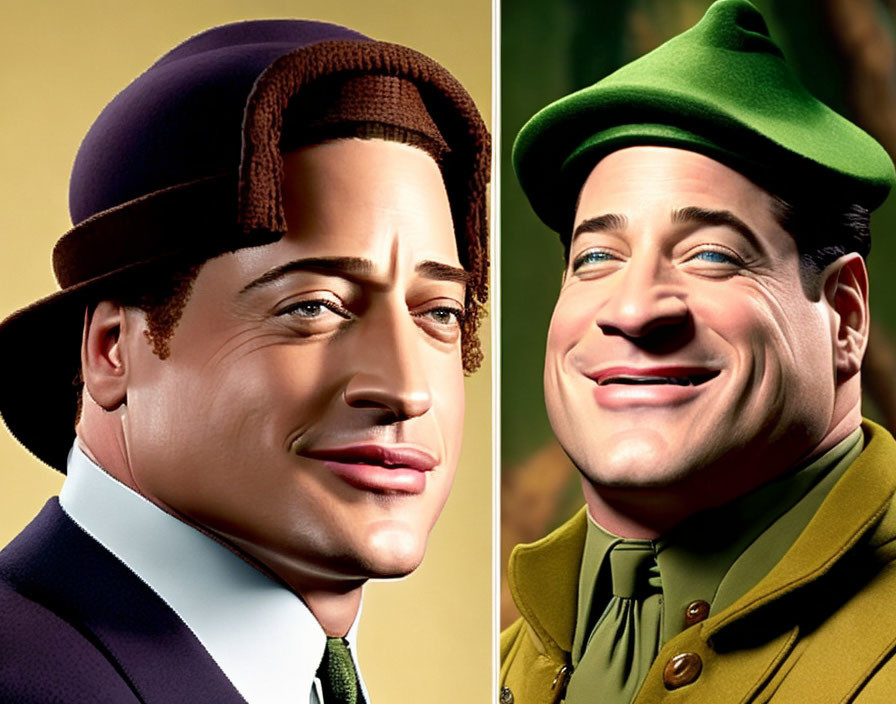 Animated male character in split image with various hats and outfits: brown cap with suit and green cap with