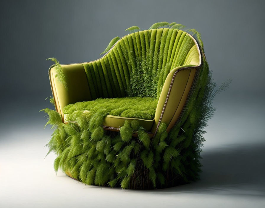 Green Grass-Like Upholstery Armchair with Yellow Trim on Grey Background