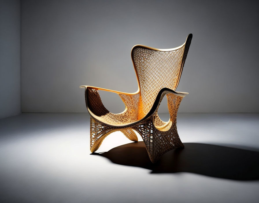 Sculptural web-like chair design with dramatic lighting on gray background