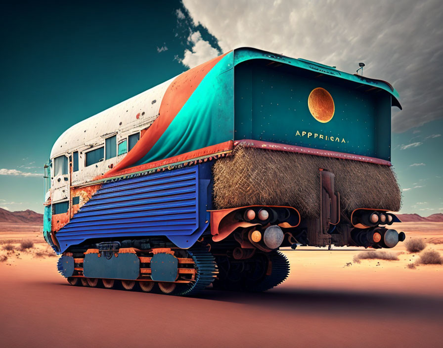 Colorful Vintage Train with Turquoise and Orange Design in Desert Landscape