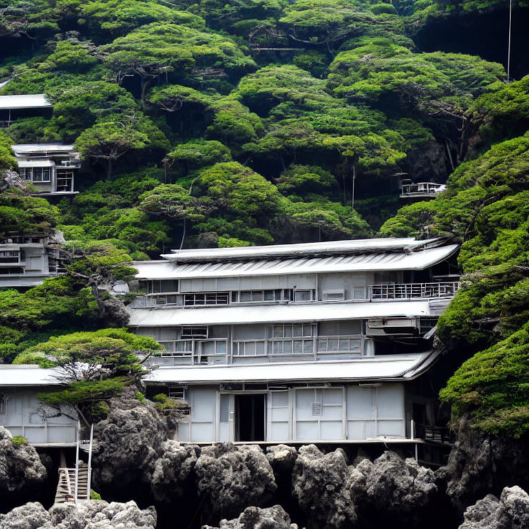 Contemporary building surrounded by green trees and rocky landscape