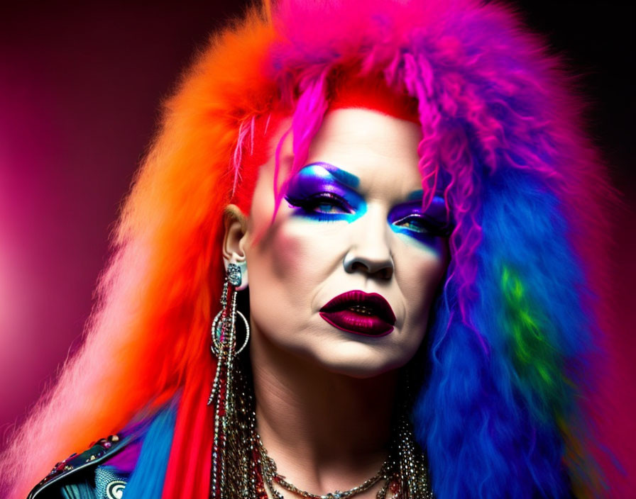 Vibrant rainbow hair and bold makeup with blue eyeshadow and red lipstick