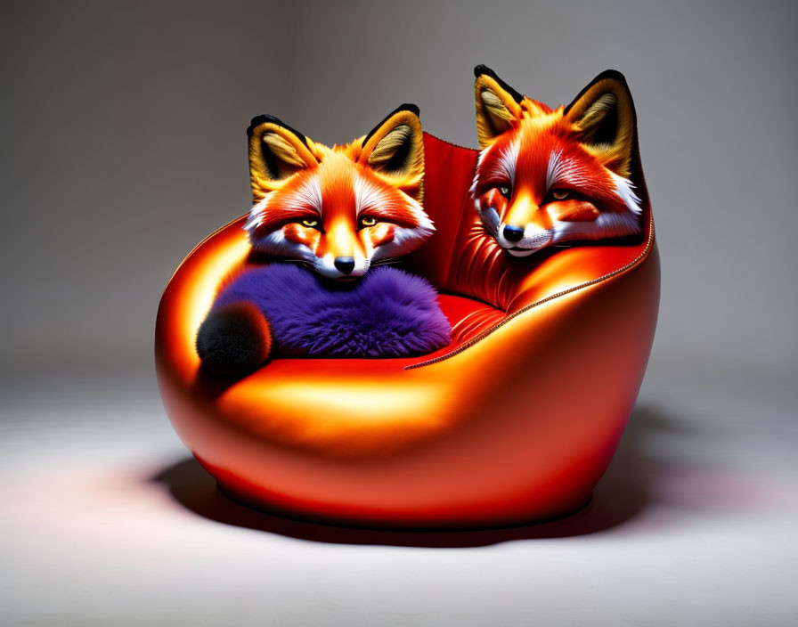 Realistic foxes relaxing on glossy beanbag chair with gradient backdrop