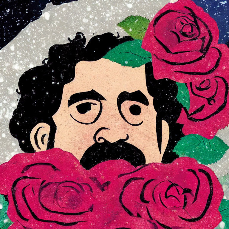 Illustration of person with dark curly hair and beard among red roses on blue background