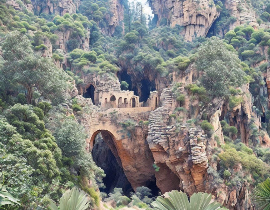 Stone Bridge Crossing Natural Cavern in Rocky Cliffs