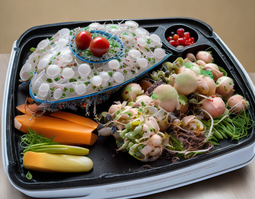 Colorful Bento Box with Cherry Tomatoes and Japanese Delicacies