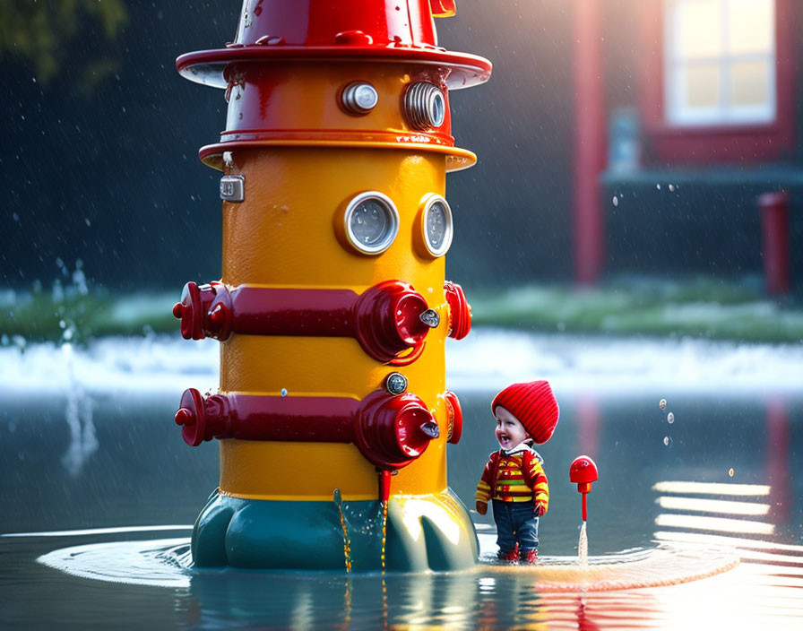 Child playing near colorful whimsical fire hydrant sculpture with water spray.