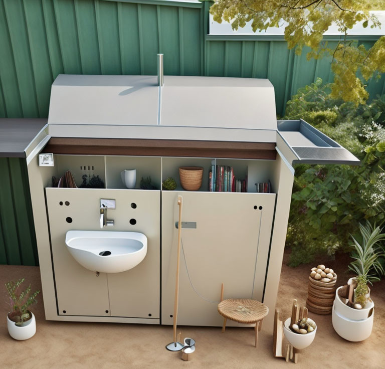 Outdoor washbasin unit with storage, plants, and accessories against green-paneled wall.