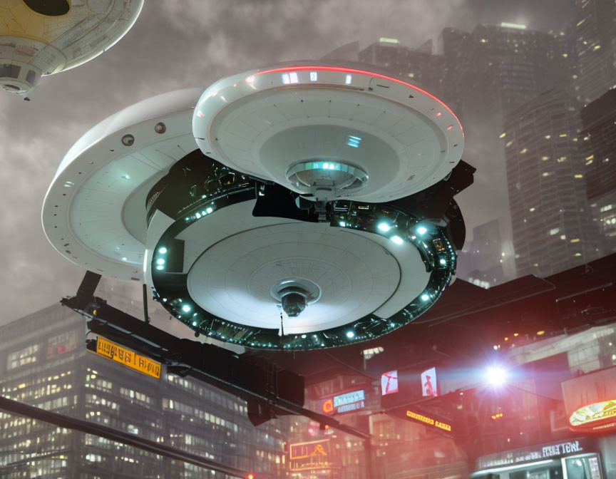 Futuristic UFO above neon-lit cityscape with misty skyscrapers