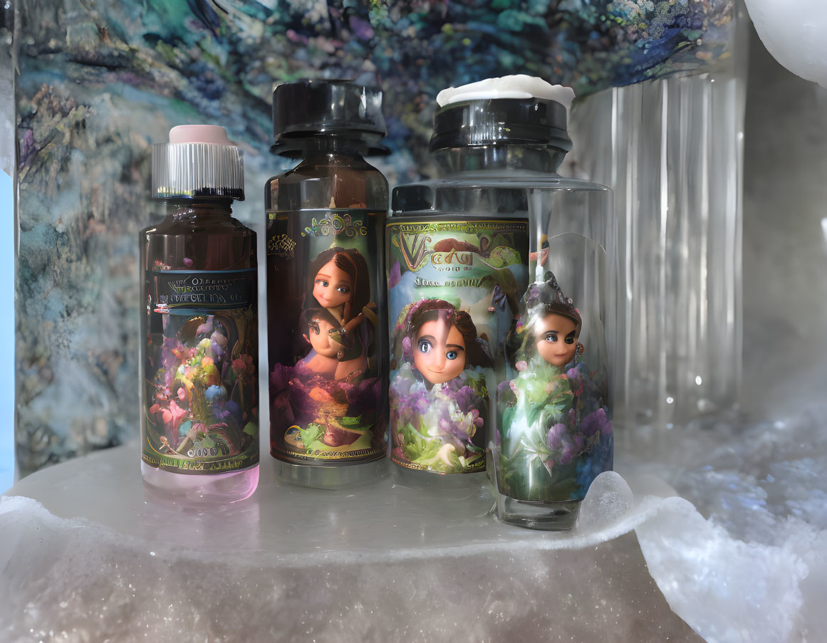 Illustrated fairy-like characters on four bottles among crystalline structures