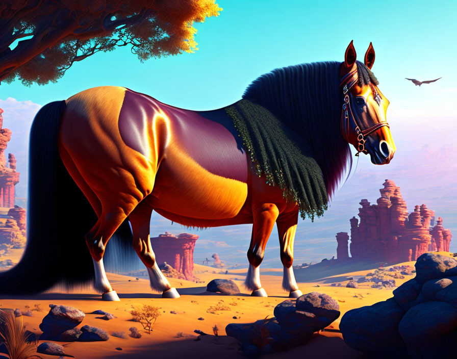 Chestnut horse with black mane in desert landscape