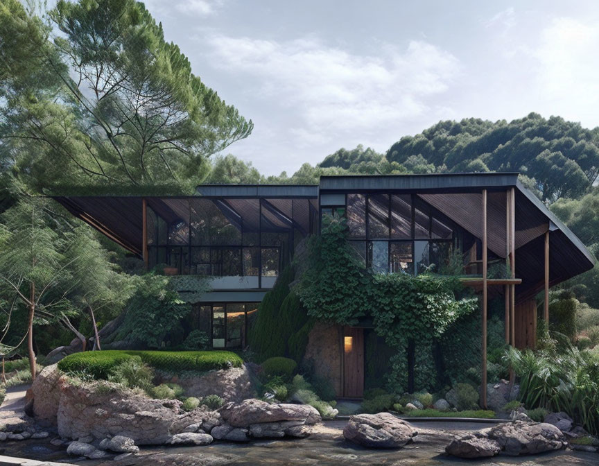 Modern Glass House with Gabled Roof in Forest Setting