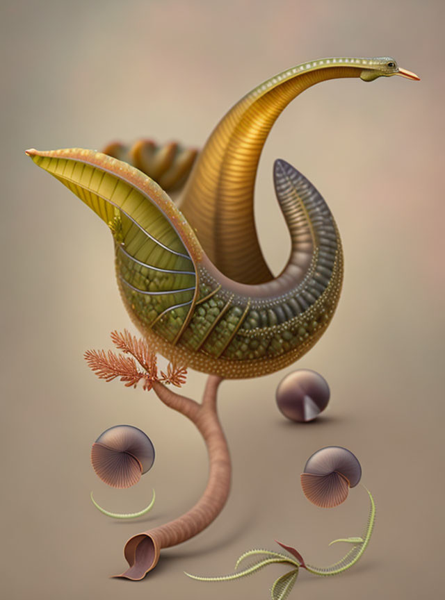 Fantastical creature with snail shell, serpent head, leafy wings, abstract plant-like forms