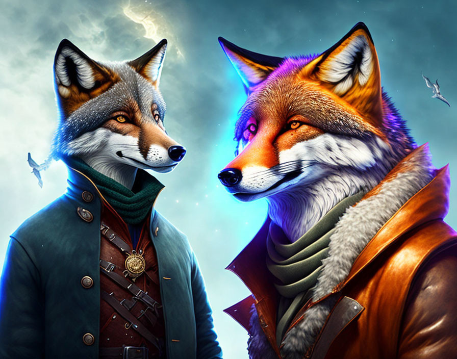 Anthropomorphic foxes in stylish coats with fantasy backdrop and flying birds