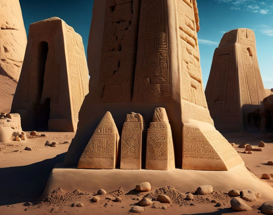 Ancient sandstone temples with intricate hieroglyphics in desert sands