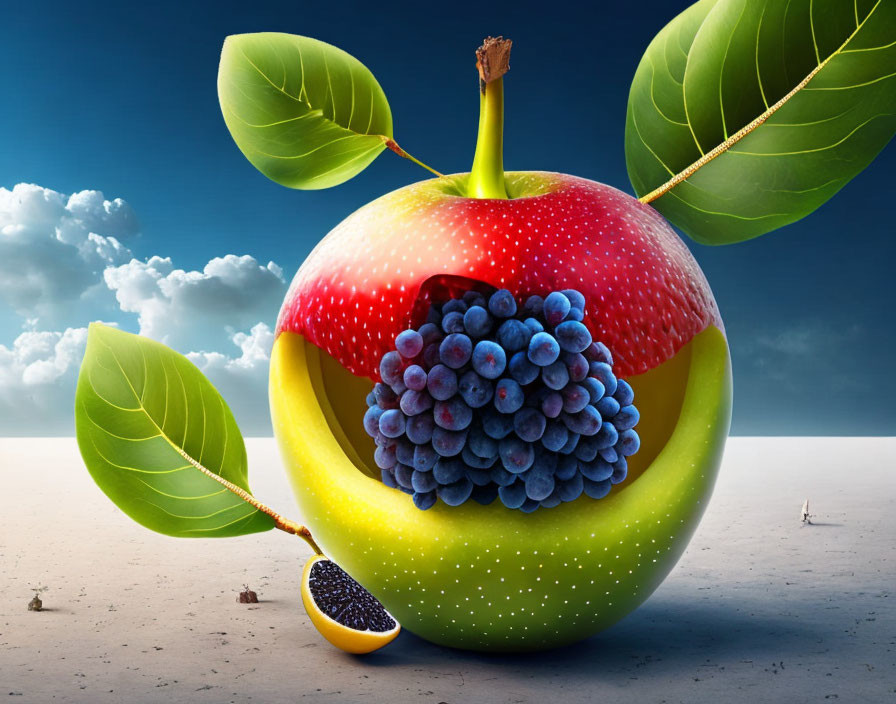 Composite Surreal Image: Fruits Cross-Section on Cloudy Sky