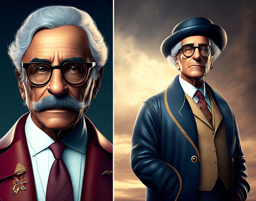 Stylized digital portraits of elderly man with mustache in different outfits and poses