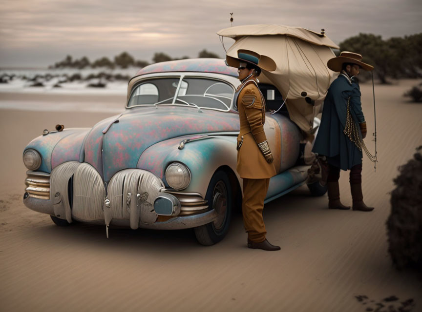 Vintage Outfits Couple by Old Car with Rooftop Tent on Sandy Beach