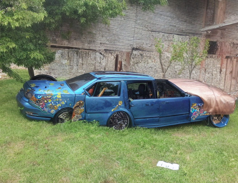 Blue car with graffiti parked on grass, missing wheels and propped on bricks