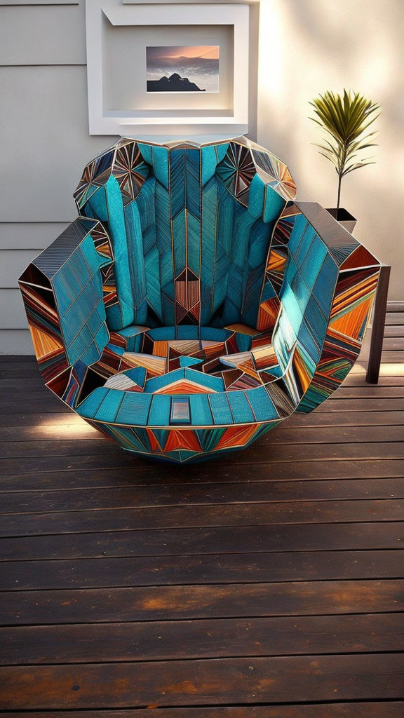 Colorful Geometric Circular Chair on Wooden Deck with Plant and Mountain Picture