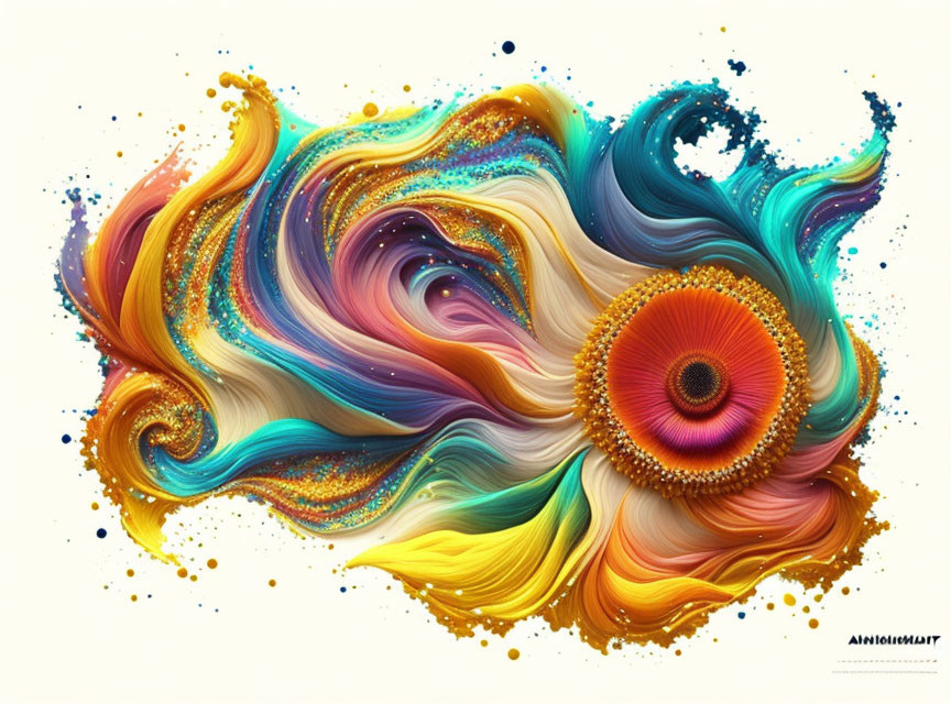 Colorful digital artwork with swirling blue, yellow, and orange patterns and intricate flower-like structure.