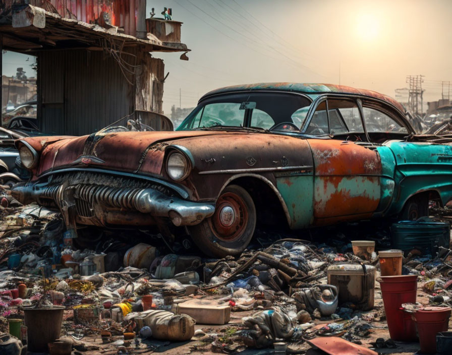 Rusted vintage cars in abandoned junkyard with debris and industrial skyline