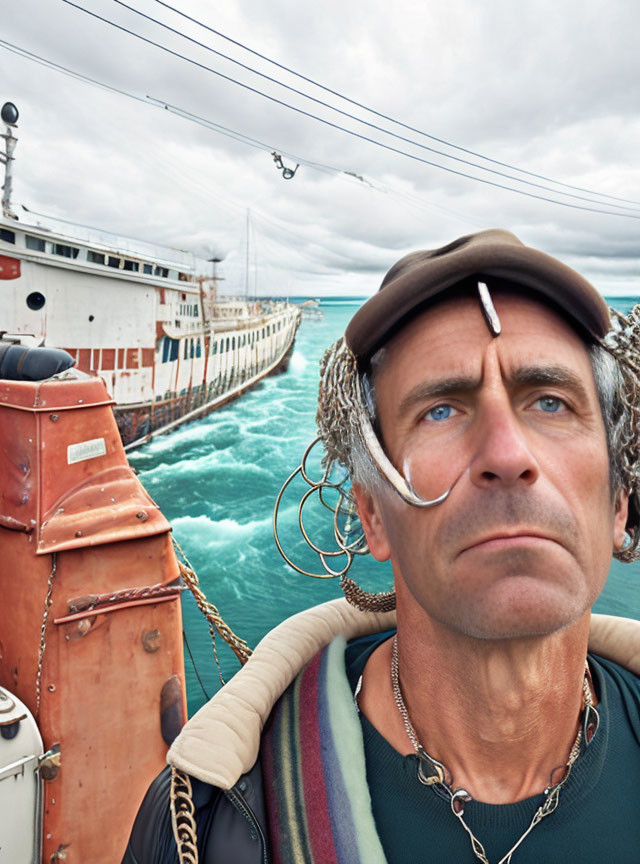 Man in beret and hoop earrings on boat with cigarette, ship in background