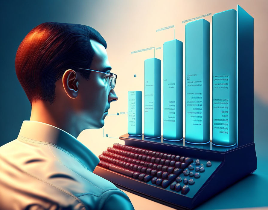 Man with Glasses Analyzing Bar Chart on Abacus