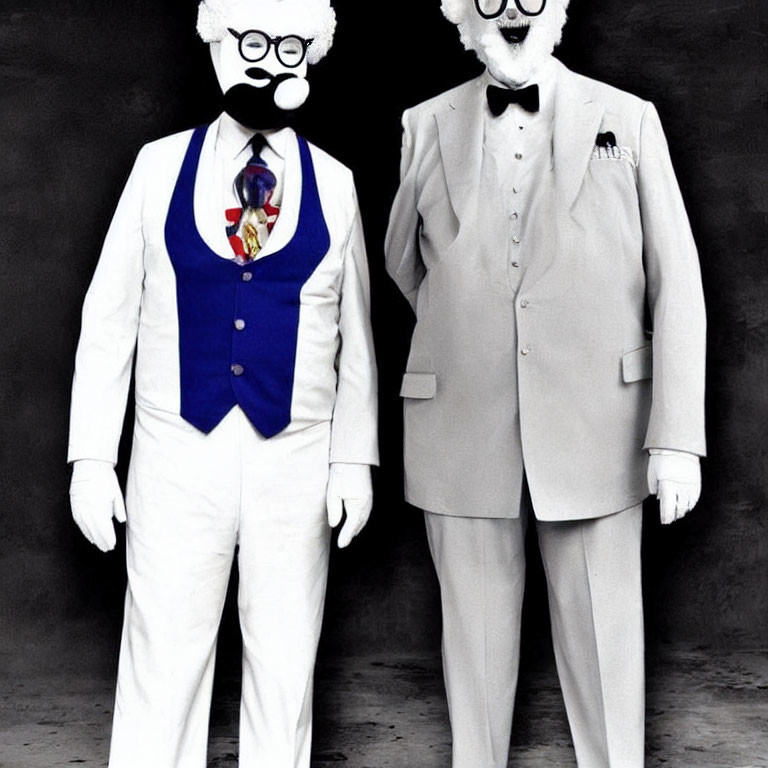 Two people in white suits with oversized masks and white hair, one in a blue vest and the other